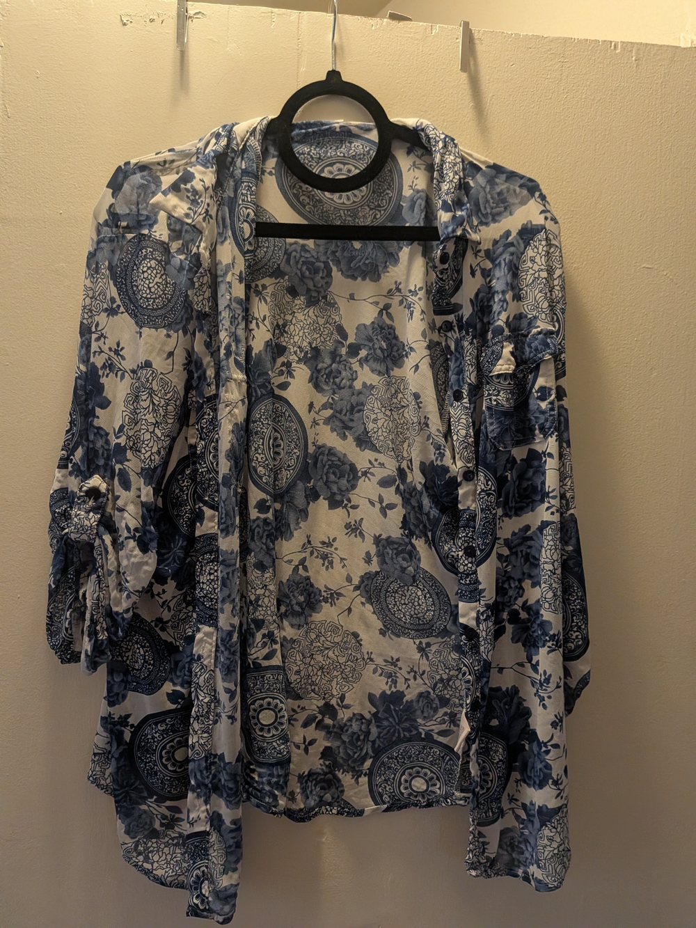 Blue & White Floral Button Up Kimono Cover-Up